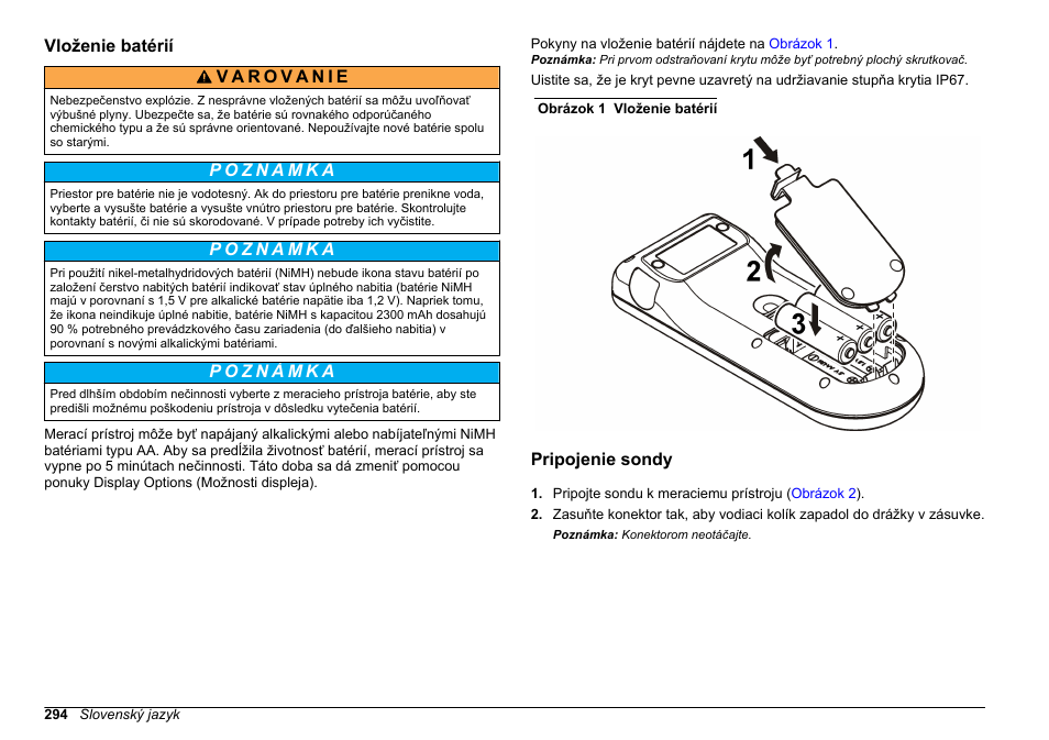 Vloženie batérií, Pripojenie sondy | Hach-Lange SENSION+, Portable Meter, LPG2500 User Manual | Page 294 / 388