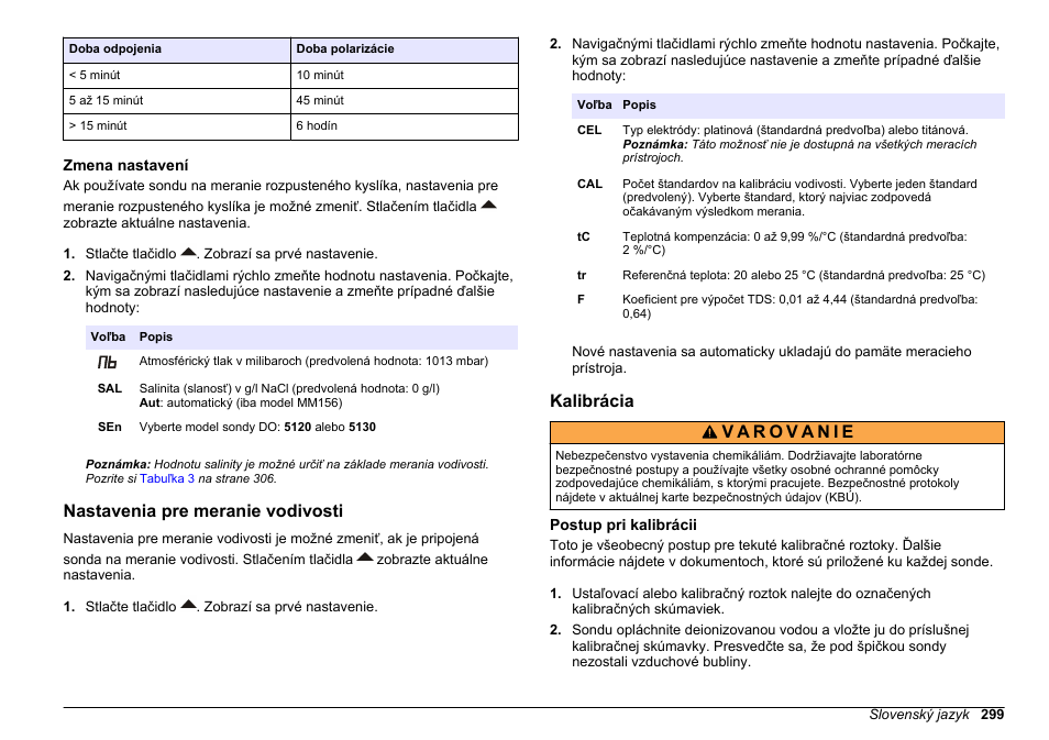 Zmena nastavení, Nastavenia pre meranie vodivosti, Kalibrácia | Postup pri kalibrácii | Hach-Lange SENSION+, Portable Meter, LPG2500 User Manual | Page 299 / 388