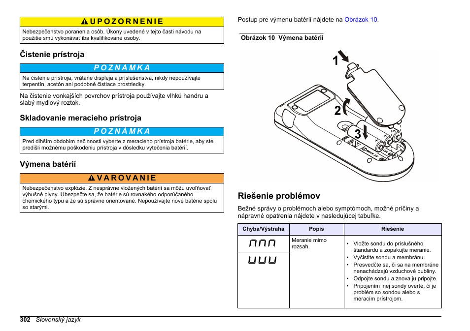 Čistenie prístroja, Skladovanie meracieho prístroja, Výmena batérií | Riešenie problémov, Na strane | Hach-Lange SENSION+, Portable Meter, LPG2500 User Manual | Page 302 / 388