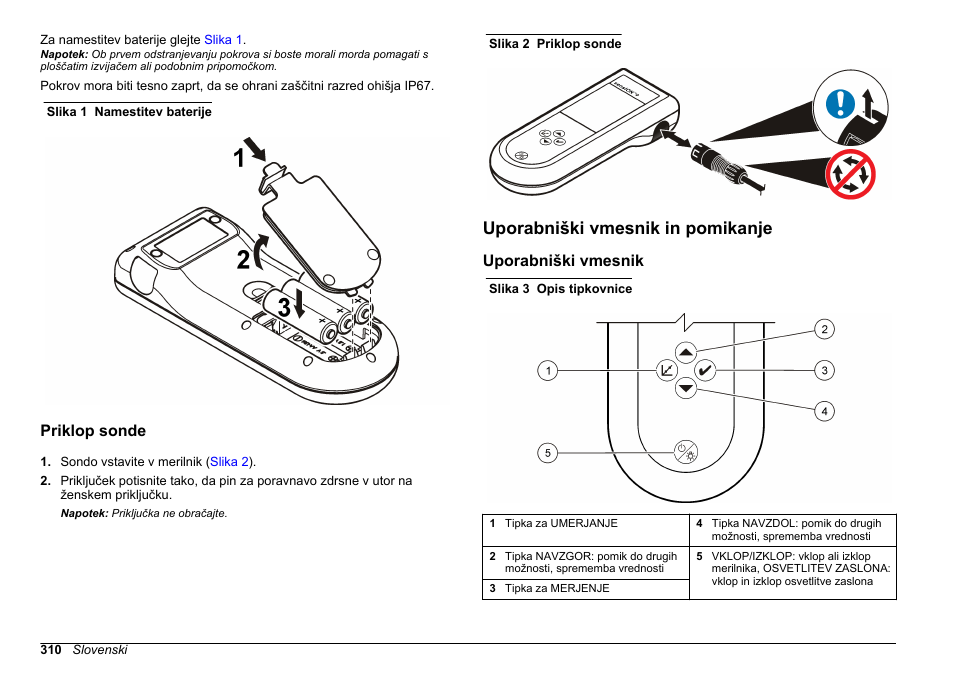 Priklop sonde, Uporabniški vmesnik in pomikanje, Uporabniški vmesnik | Hach-Lange SENSION+, Portable Meter, LPG2500 User Manual | Page 310 / 388