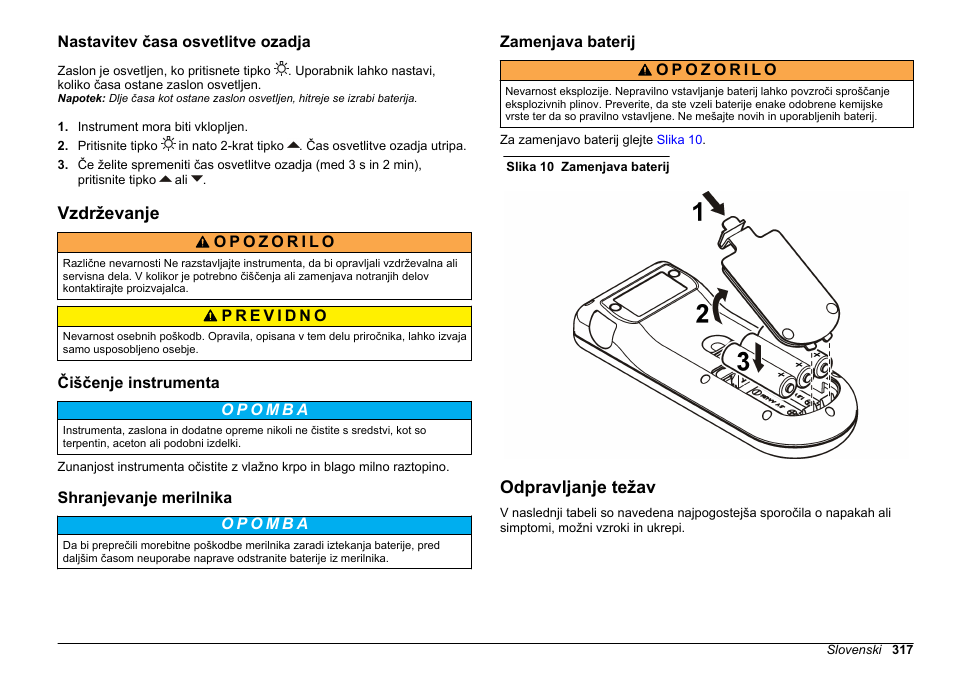 Nastavitev časa osvetlitve ozadja, Vzdrževanje, Čiščenje instrumenta | Shranjevanje merilnika, Zamenjava baterij, Odpravljanje težav, Na strani 317 | Hach-Lange SENSION+, Portable Meter, LPG2500 User Manual | Page 317 / 388