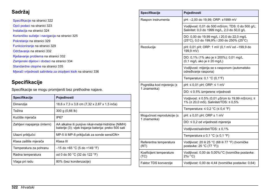 Korisnički priručnik, Sadržaj, Specifikacije | Hrvatski | Hach-Lange SENSION+, Portable Meter, LPG2500 User Manual | Page 322 / 388