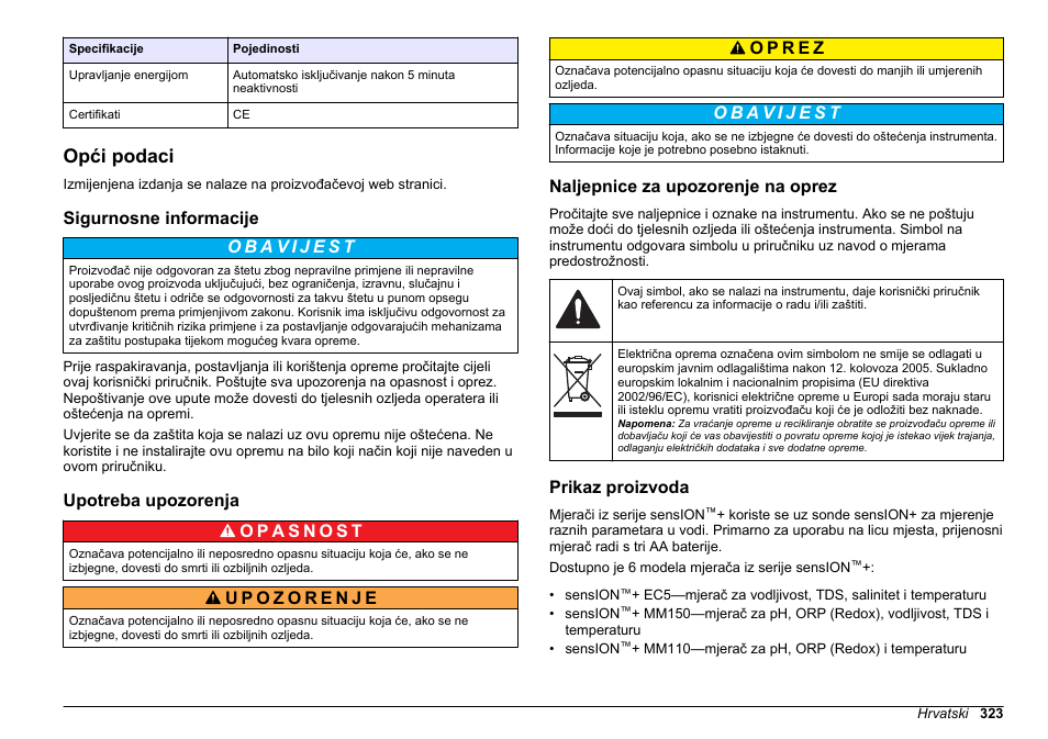 Opći podaci, Sigurnosne informacije, Upotreba upozorenja | Naljepnice za upozorenje na oprez, Prikaz proizvoda | Hach-Lange SENSION+, Portable Meter, LPG2500 User Manual | Page 323 / 388