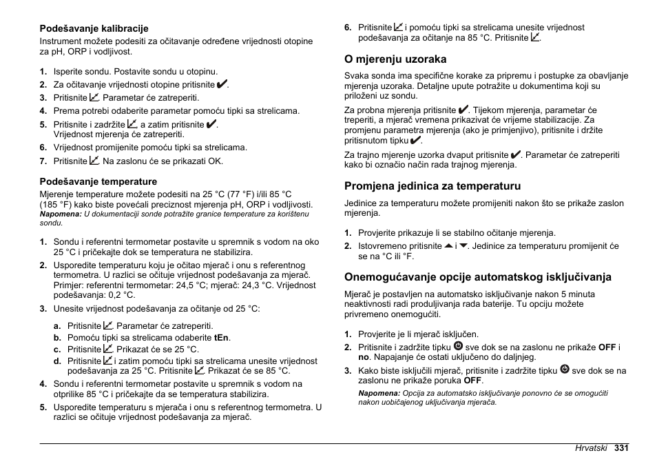 Podešavanje kalibracije, Podešavanje temperature, O mjerenju uzoraka | Promjena jedinica za temperaturu, Onemogućavanje opcije automatskog isključivanja | Hach-Lange SENSION+, Portable Meter, LPG2500 User Manual | Page 331 / 388