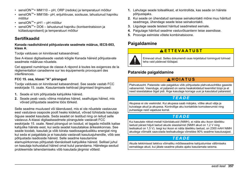 Sertifikaadid, Paigaldamine, Patareide paigaldamine | Leheküljel | Hach-Lange SENSION+, Portable Meter, LPG2500 User Manual | Page 357 / 388