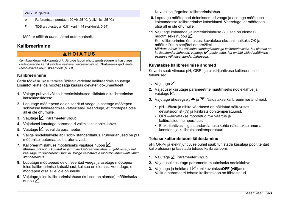 Kalibreerimine, Kuvatakse kalibreerimise andmed, Tehase kalibratsiooni lähtestamine | Hach-Lange SENSION+, Portable Meter, LPG2500 User Manual | Page 363 / 388