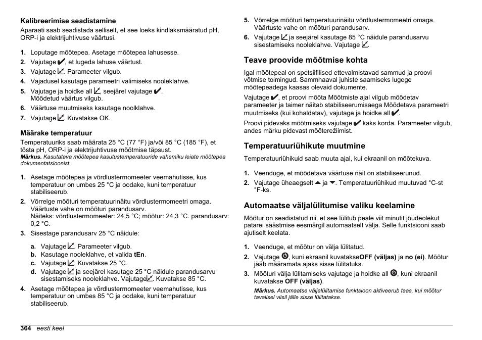 Kalibreerimise seadistamine, Määrake temperatuur, Teave proovide mõõtmise kohta | Temperatuuriühikute muutmine, Automaatse väljalülitumise valiku keelamine | Hach-Lange SENSION+, Portable Meter, LPG2500 User Manual | Page 364 / 388