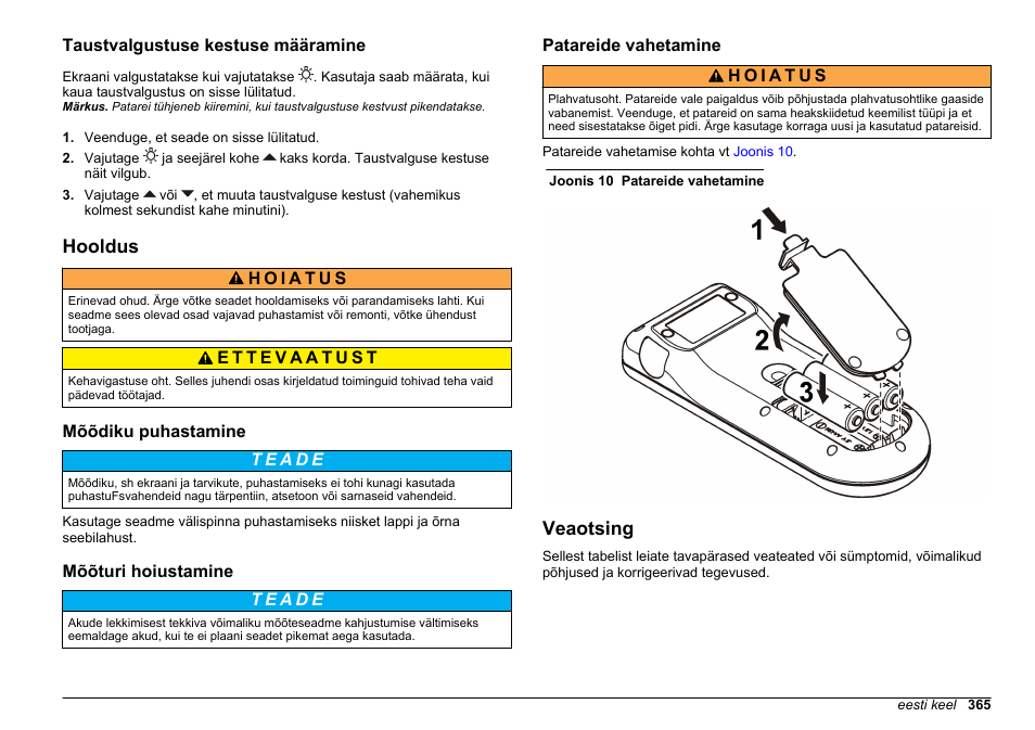 Taustvalgustuse kestuse määramine, Hooldus, Mõõdiku puhastamine | Mõõturi hoiustamine, Patareide vahetamine, Veaotsing, Leheküljel | Hach-Lange SENSION+, Portable Meter, LPG2500 User Manual | Page 365 / 388