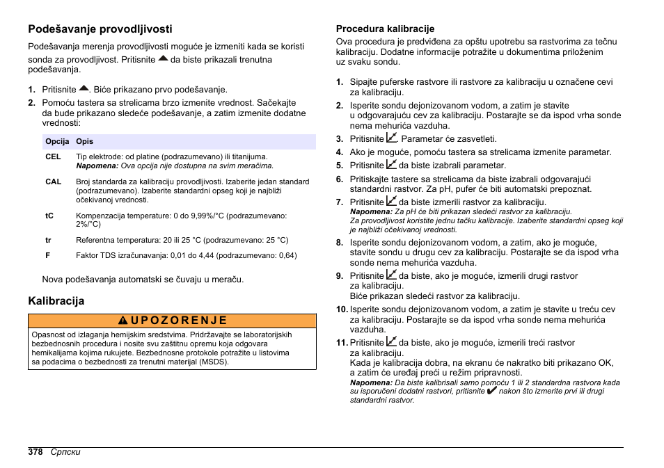 Podešavanje provodljivosti, Kalibracija, Procedura kalibracije | Hach-Lange SENSION+, Portable Meter, LPG2500 User Manual | Page 378 / 388