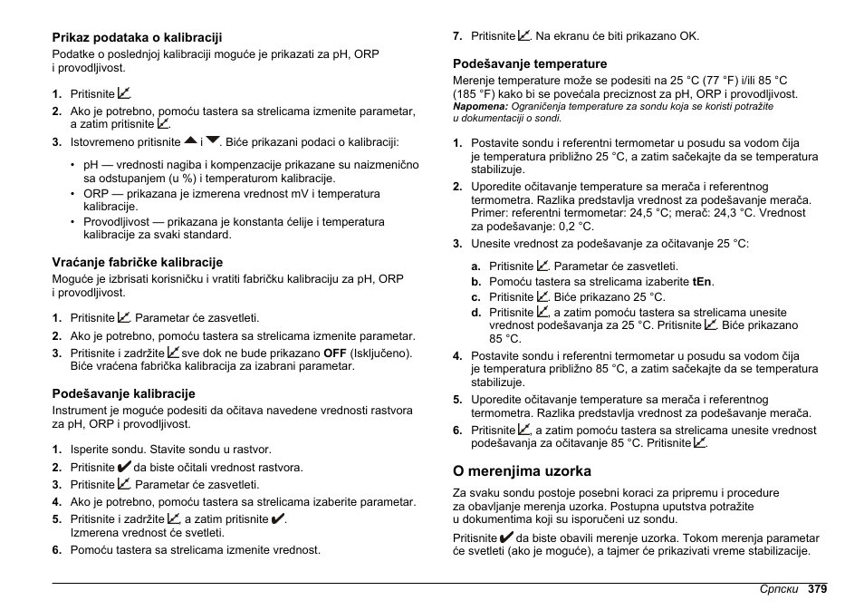 Prikaz podataka o kalibraciji, Vraćanje fabričke kalibracije, Podešavanje kalibracije | Podešavanje temperature, O merenjima uzorka | Hach-Lange SENSION+, Portable Meter, LPG2500 User Manual | Page 379 / 388