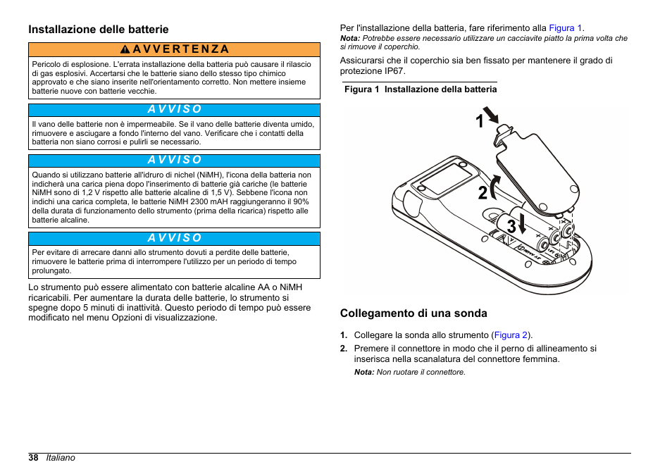 Installazione delle batterie, Collegamento di una sonda | Hach-Lange SENSION+, Portable Meter, LPG2500 User Manual | Page 38 / 388