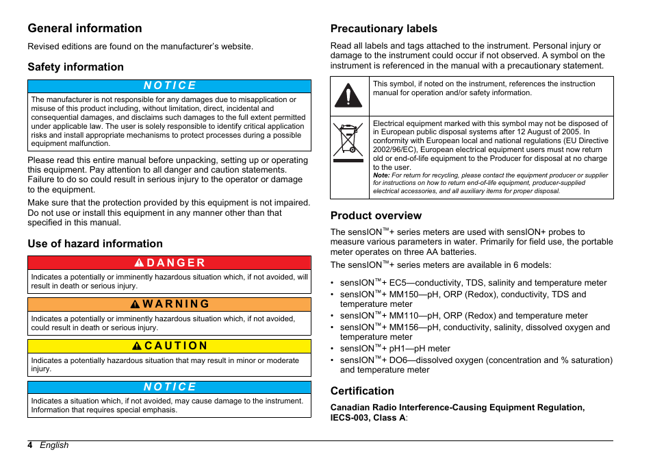 General information, Safety information, Use of hazard information | Precautionary labels, Product overview, Certification | Hach-Lange SENSION+, Portable Meter, LPG2500 User Manual | Page 4 / 388