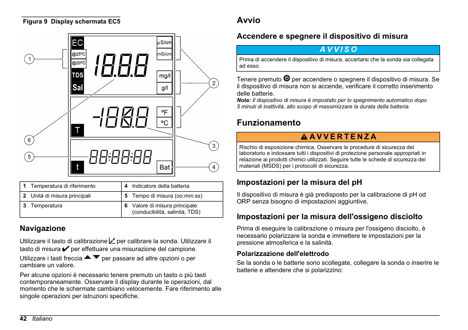 Navigazione, Avvio, Accendere e spegnere il dispositivo di misura | Funzionamento, Impostazioni per la misura del ph, Impostazioni per la misura dell'ossigeno disciolto, Polarizzazione dell'elettrodo | Hach-Lange SENSION+, Portable Meter, LPG2500 User Manual | Page 42 / 388