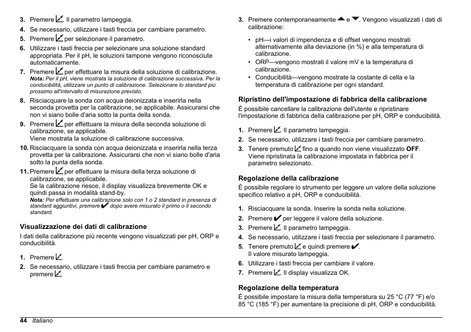 Visualizzazione dei dati di calibrazione, Regolazione della calibrazione, Regolazione della temperatura | Hach-Lange SENSION+, Portable Meter, LPG2500 User Manual | Page 44 / 388