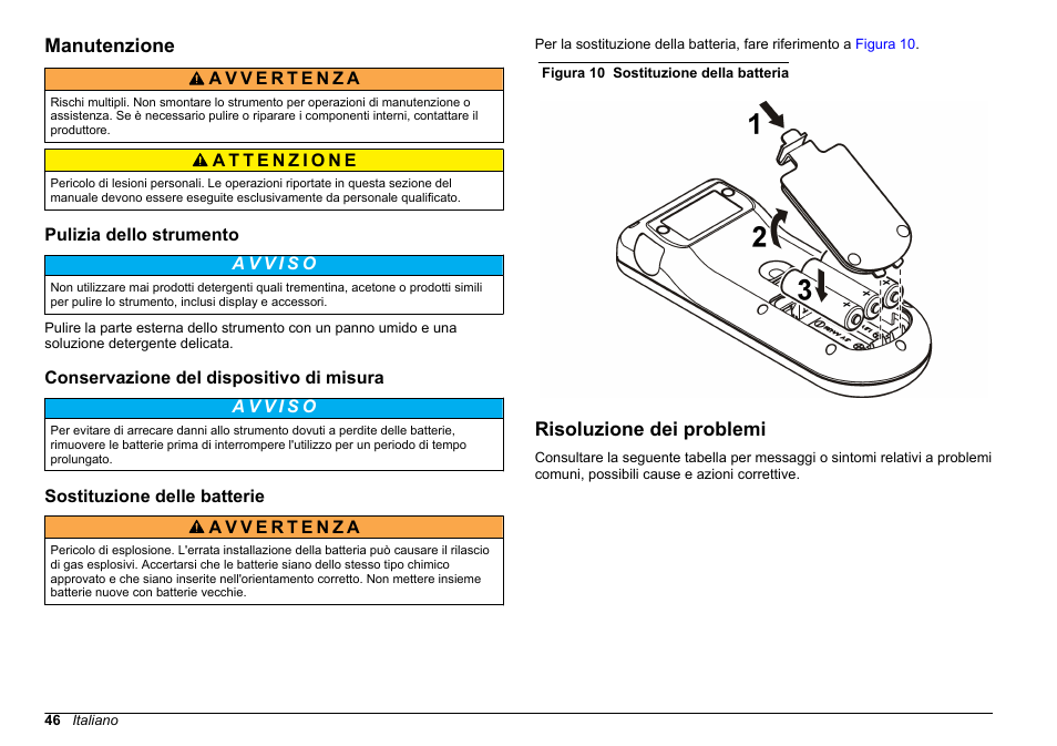 Manutenzione, Pulizia dello strumento, Conservazione del dispositivo di misura | Sostituzione delle batterie, Risoluzione dei problemi | Hach-Lange SENSION+, Portable Meter, LPG2500 User Manual | Page 46 / 388