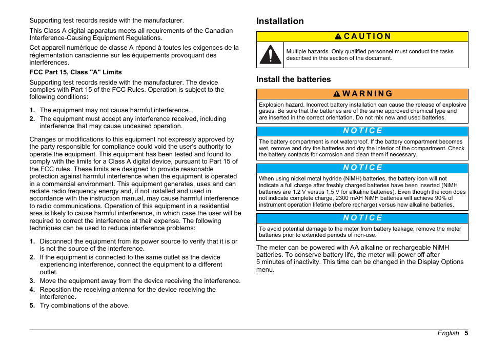 Installation, Install the batteries | Hach-Lange SENSION+, Portable Meter, LPG2500 User Manual | Page 5 / 388