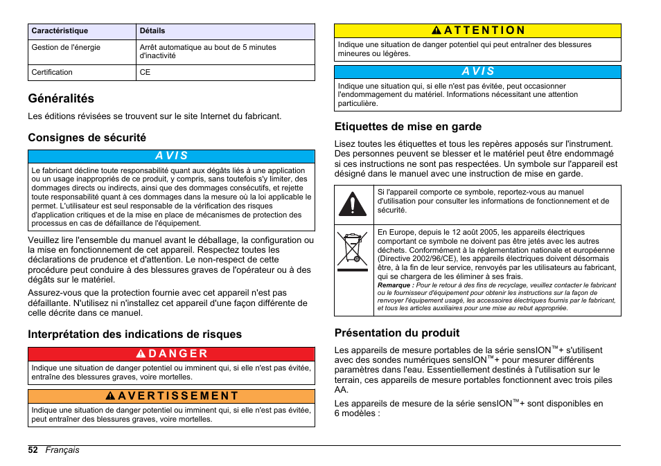 Généralités, Consignes de sécurité, Interprétation des indications de risques | Etiquettes de mise en garde, Présentation du produit, A v i s | Hach-Lange SENSION+, Portable Meter, LPG2500 User Manual | Page 52 / 388