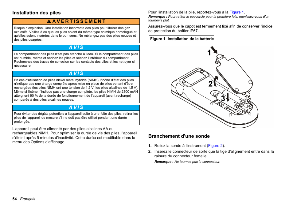 Installation des piles, Branchement d'une sonde | Hach-Lange SENSION+, Portable Meter, LPG2500 User Manual | Page 54 / 388