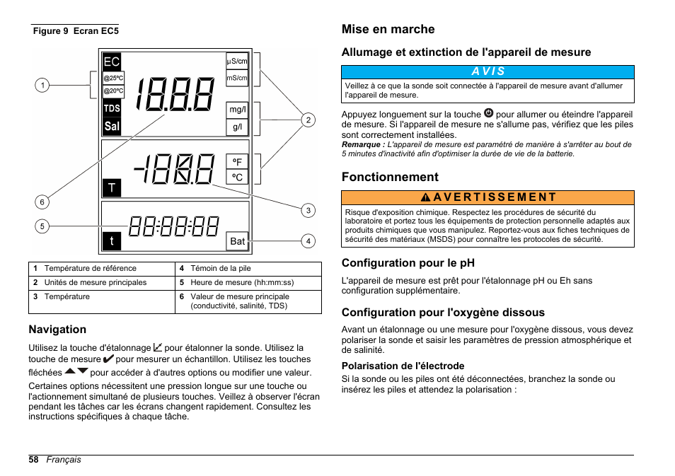Navigation, Mise en marche, Allumage et extinction de l'appareil de mesure | Fonctionnement, Configuration pour le ph, Configuration pour l'oxygène dissous, Polarisation de l'électrode | Hach-Lange SENSION+, Portable Meter, LPG2500 User Manual | Page 58 / 388