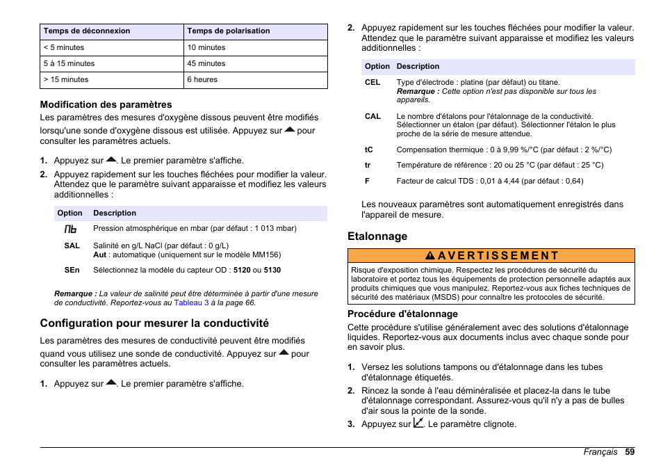Modification des paramètres, Configuration pour mesurer la conductivité, Etalonnage | Procédure d'étalonnage | Hach-Lange SENSION+, Portable Meter, LPG2500 User Manual | Page 59 / 388