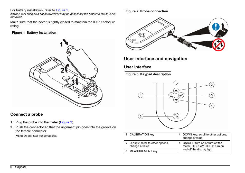 Connect a probe, User interface and navigation, User interface | Hach-Lange SENSION+, Portable Meter, LPG2500 User Manual | Page 6 / 388