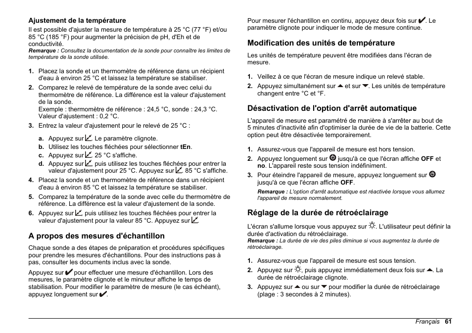 Ajustement de la température, A propos des mesures d'échantillon, Modification des unités de température | Désactivation de l'option d'arrêt automatique, Réglage de la durée de rétroéclairage | Hach-Lange SENSION+, Portable Meter, LPG2500 User Manual | Page 61 / 388