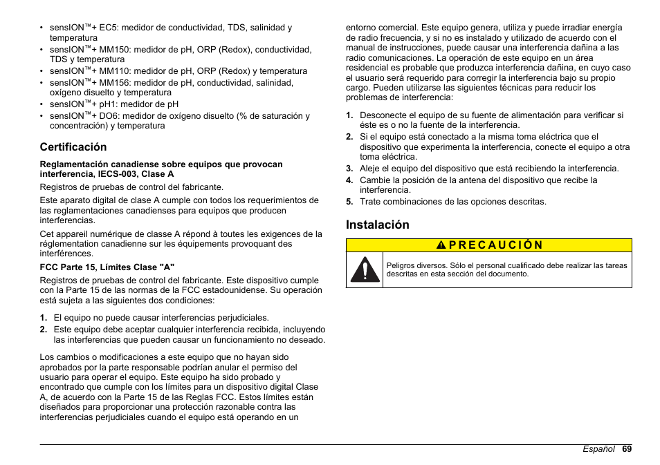 Certificación, Instalación | Hach-Lange SENSION+, Portable Meter, LPG2500 User Manual | Page 69 / 388