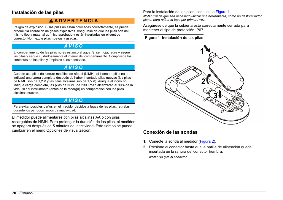 Instalación de las pilas, Conexión de las sondas | Hach-Lange SENSION+, Portable Meter, LPG2500 User Manual | Page 70 / 388