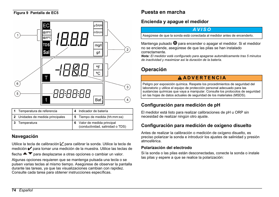 Navegación, Puesta en marcha, Encienda y apague el medidor | Operación, Configuración para medición de ph, Configuración para medición de oxígeno disuelto, Polarización del electrodo | Hach-Lange SENSION+, Portable Meter, LPG2500 User Manual | Page 74 / 388
