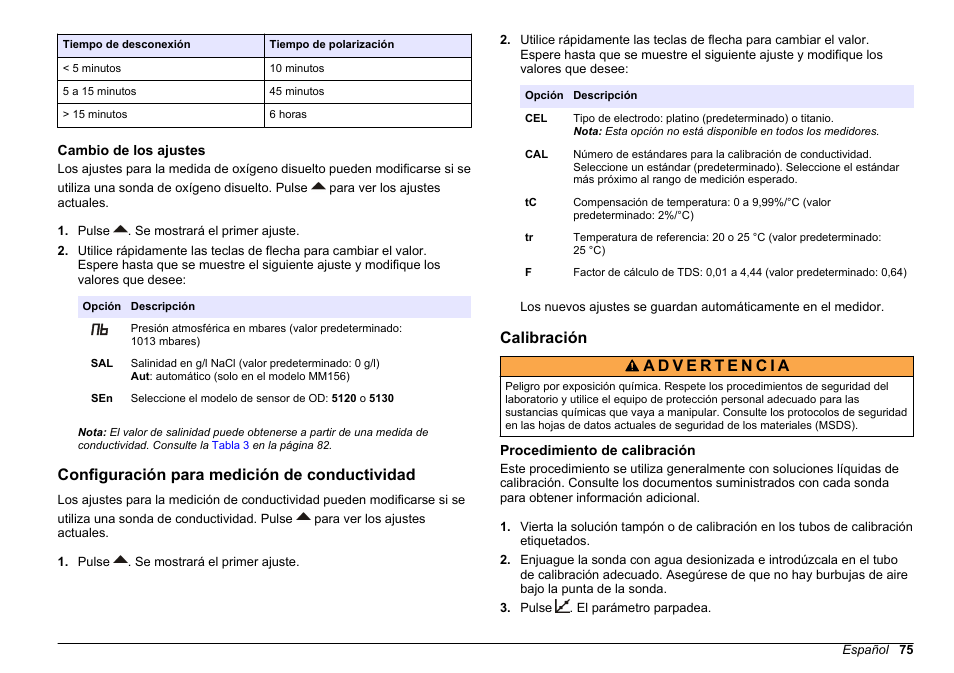 Cambio de los ajustes, Configuración para medición de conductividad, Calibración | Procedimiento de calibración | Hach-Lange SENSION+, Portable Meter, LPG2500 User Manual | Page 75 / 388
