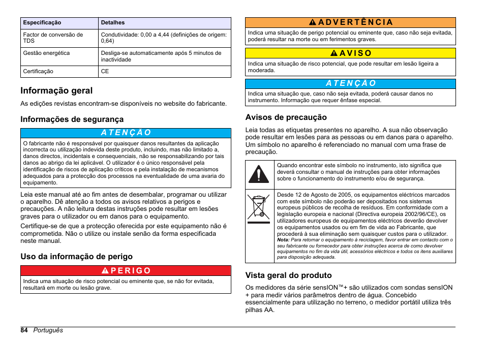 Informação geral, Informações de segurança, Uso da informação de perigo | Avisos de precaução, Vista geral do produto | Hach-Lange SENSION+, Portable Meter, LPG2500 User Manual | Page 84 / 388