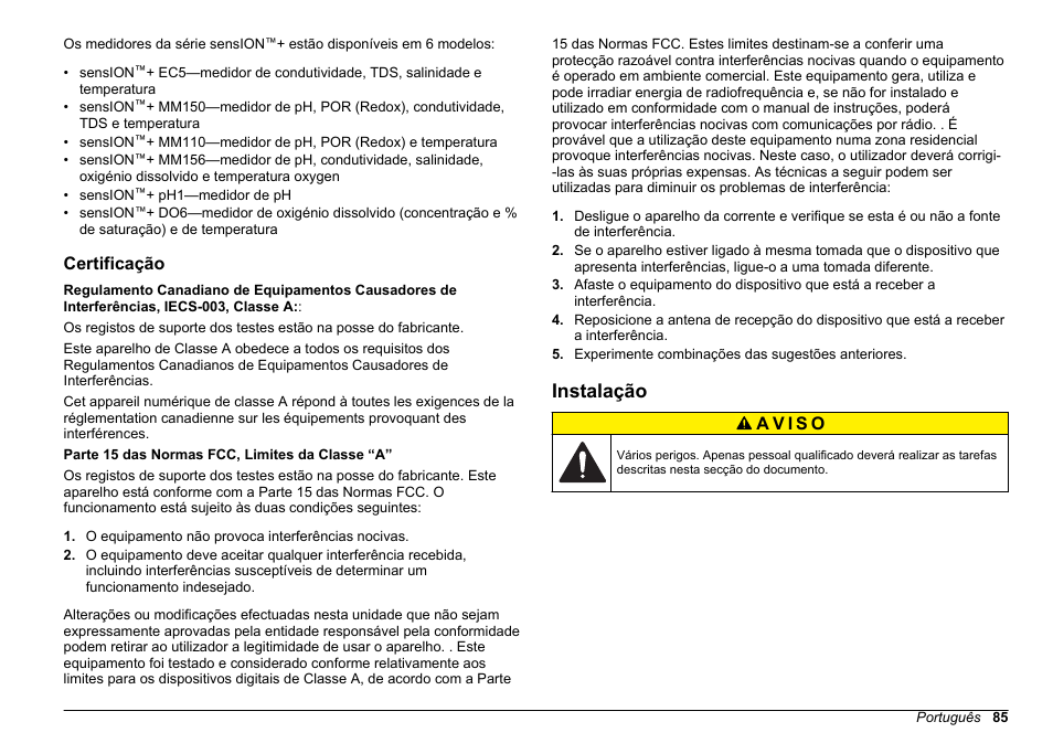 Certificação, Instalação | Hach-Lange SENSION+, Portable Meter, LPG2500 User Manual | Page 85 / 388