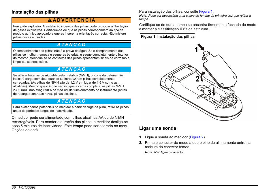 Instalação das pilhas, Ligar uma sonda | Hach-Lange SENSION+, Portable Meter, LPG2500 User Manual | Page 86 / 388