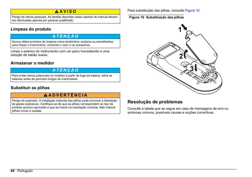 Limpeza do produto, Armazenar o medidor, Substituir as pilhas | Resolução de problemas | Hach-Lange SENSION+, Portable Meter, LPG2500 User Manual | Page 94 / 388