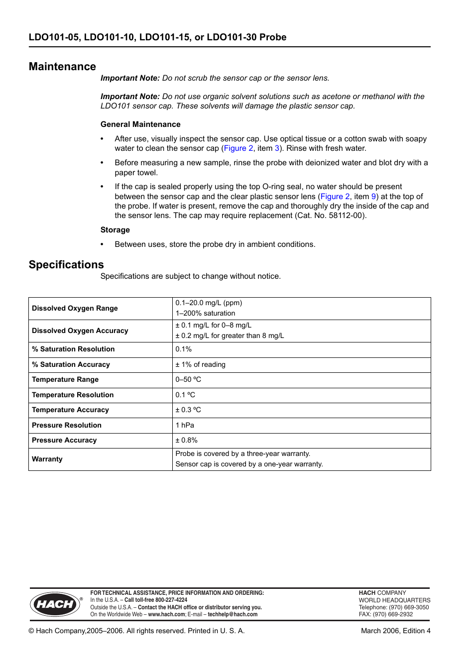 Maintenance, Specifications | Hach-Lange LDO101-30 Instruction Sheet User Manual | Page 4 / 4