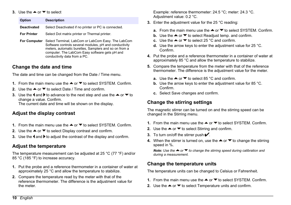 Change the date and time, Adjust the display contrast, Adjust the temperature | Change the stirring settings, Change the temperature units, Stirring settings, refer to | Hach-Lange SENSION+ EC71 User Manual | Page 10 / 362