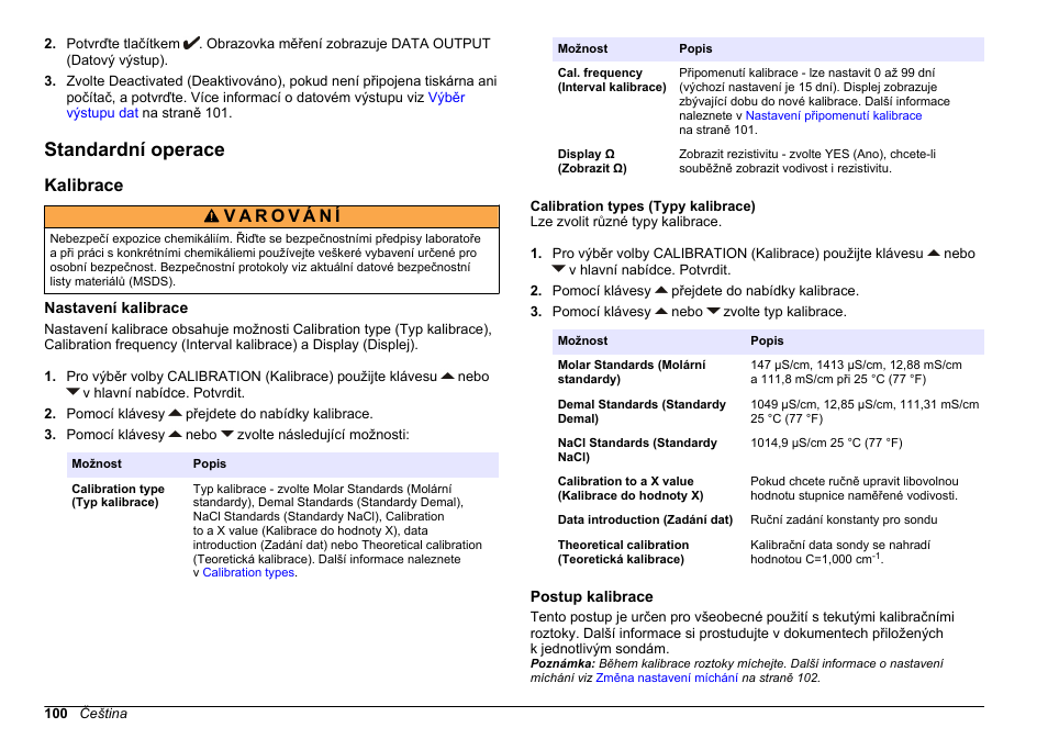 Standardní operace, Kalibrace, Nastavení kalibrace | Calibration types (typy kalibrace), Postup kalibrace | Hach-Lange SENSION+ EC71 User Manual | Page 100 / 362