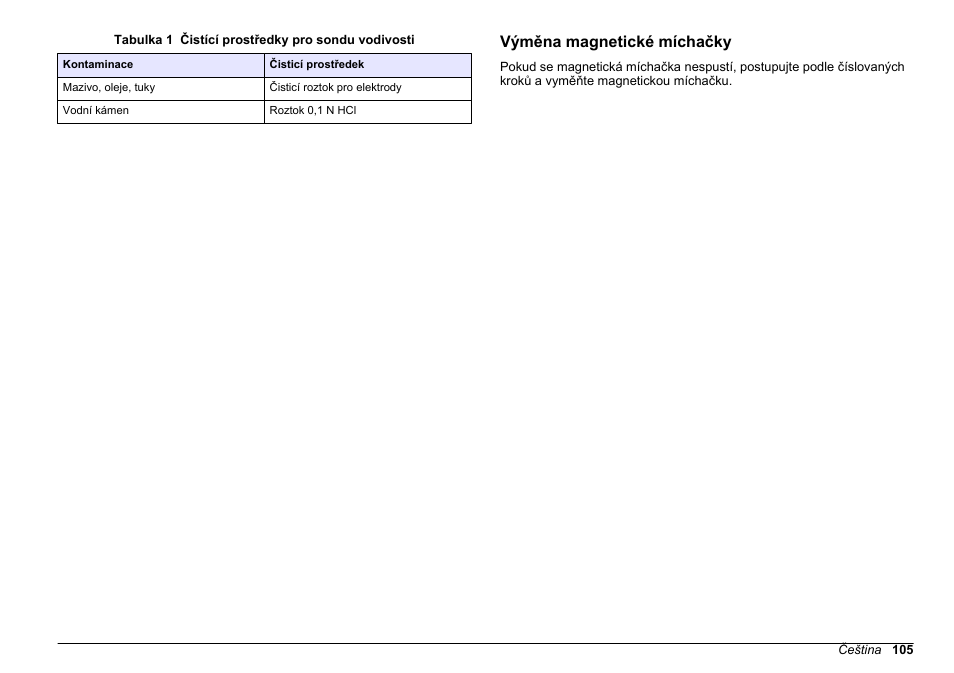Výměna magnetické míchačky, Prostředky uvedené v, Tabulka 1 | Hach-Lange SENSION+ EC71 User Manual | Page 105 / 362