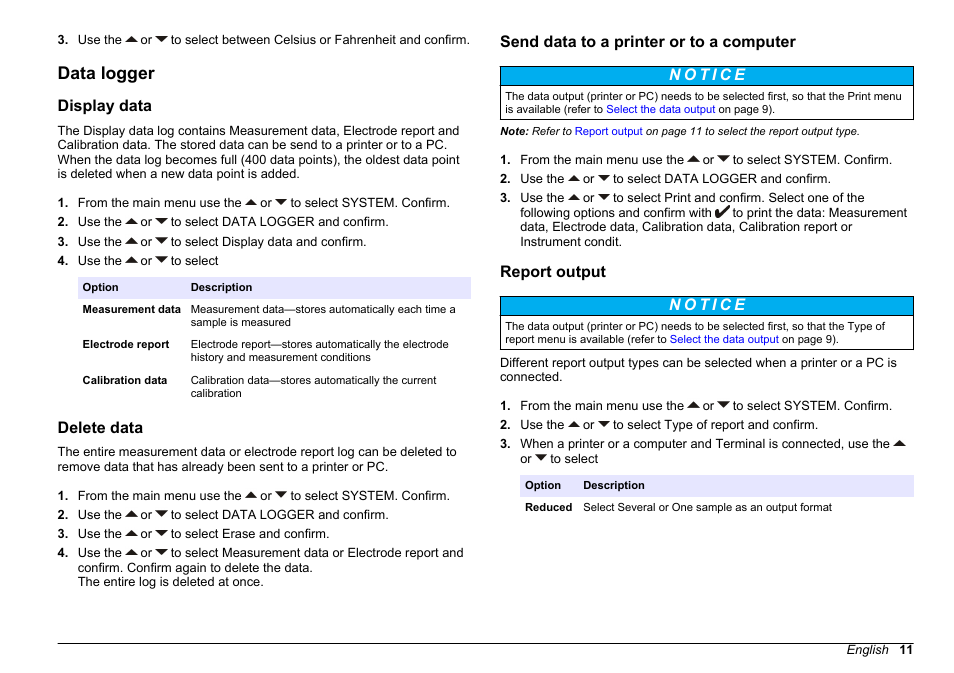 Data logger, Display data, Delete data | Send data to a printer or to a computer, Report output | Hach-Lange SENSION+ EC71 User Manual | Page 11 / 362