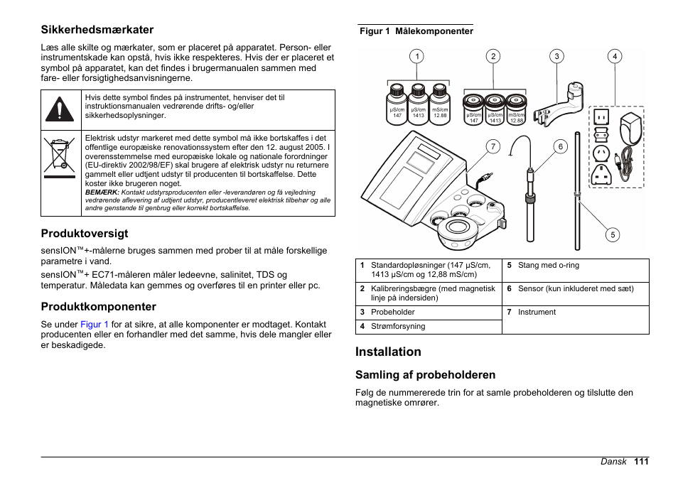 Sikkerhedsmærkater, Produktoversigt, Produktkomponenter | Installation, Samling af probeholderen | Hach-Lange SENSION+ EC71 User Manual | Page 111 / 362