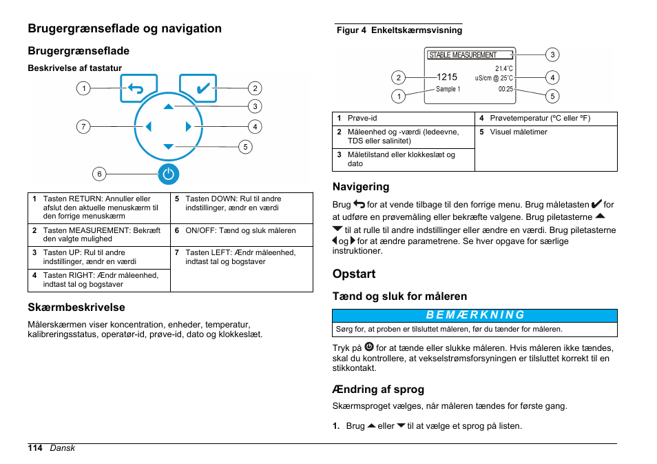 Brugergrænseflade og navigation, Brugergrænseflade, Skærmbeskrivelse | Navigering, Opstart, Tænd og sluk for måleren, Ændring af sprog | Hach-Lange SENSION+ EC71 User Manual | Page 114 / 362