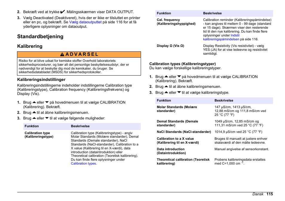 Standardbetjening, Kalibrering, Kalibreringsindstillinger | Calibration types (kalibreringstyper) | Hach-Lange SENSION+ EC71 User Manual | Page 115 / 362