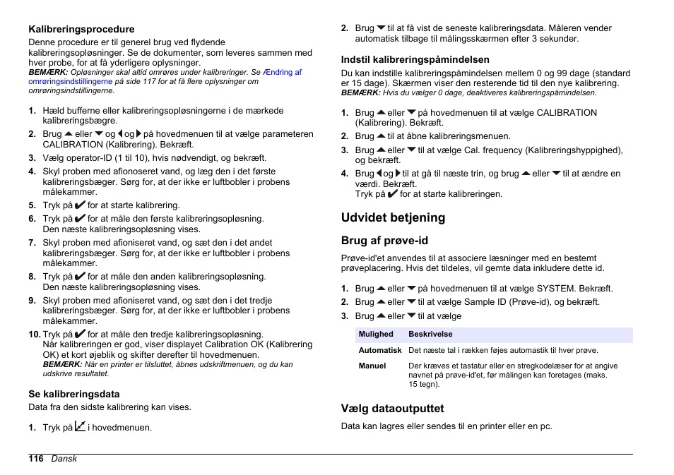 Kalibreringsprocedure, Se kalibreringsdata, Indstil kalibreringspåmindelsen | Udvidet betjening, Brug af prøve-id, Vælg dataoutputtet | Hach-Lange SENSION+ EC71 User Manual | Page 116 / 362