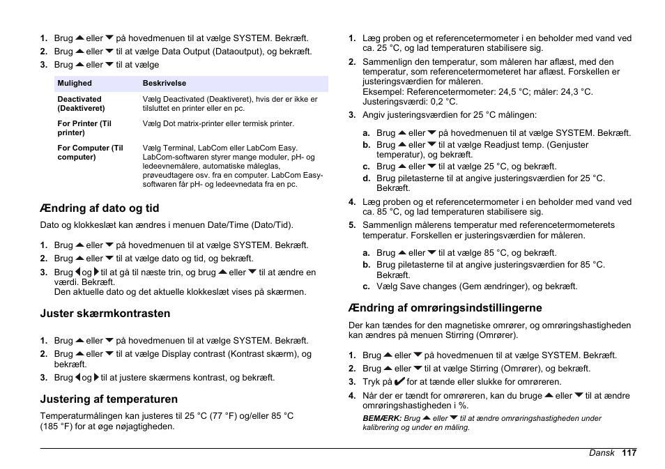 Ændring af dato og tid, Juster skærmkontrasten, Justering af temperaturen | Ændring af omrøringsindstillingerne, Ændring af, Omrøringsindstillingerne, På side | Hach-Lange SENSION+ EC71 User Manual | Page 117 / 362