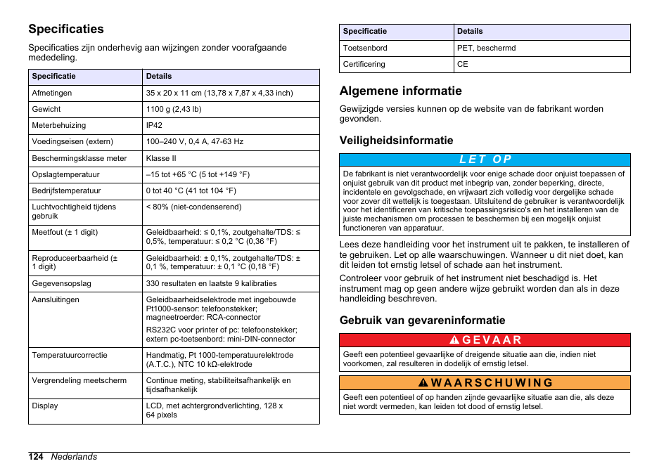 Gebruikershandleiding, Specificaties, Algemene informatie | Veiligheidsinformatie, Gebruik van gevareninformatie, Nederlands | Hach-Lange SENSION+ EC71 User Manual | Page 124 / 362