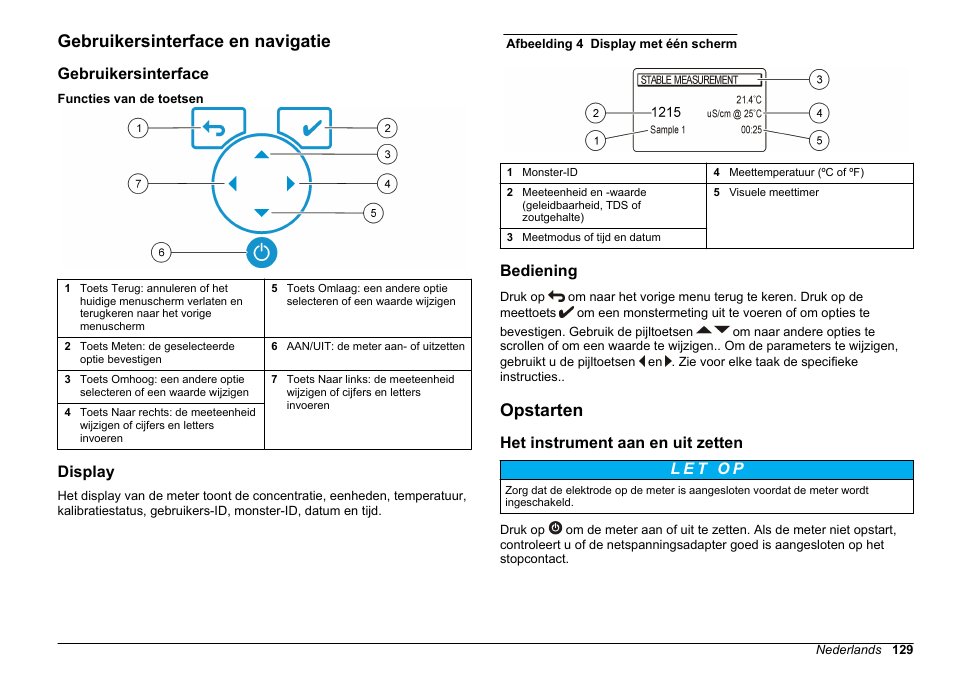 Gebruikersinterface en navigatie, Gebruikersinterface, Display | Bediening, Opstarten, Het instrument aan en uit zetten | Hach-Lange SENSION+ EC71 User Manual | Page 129 / 362