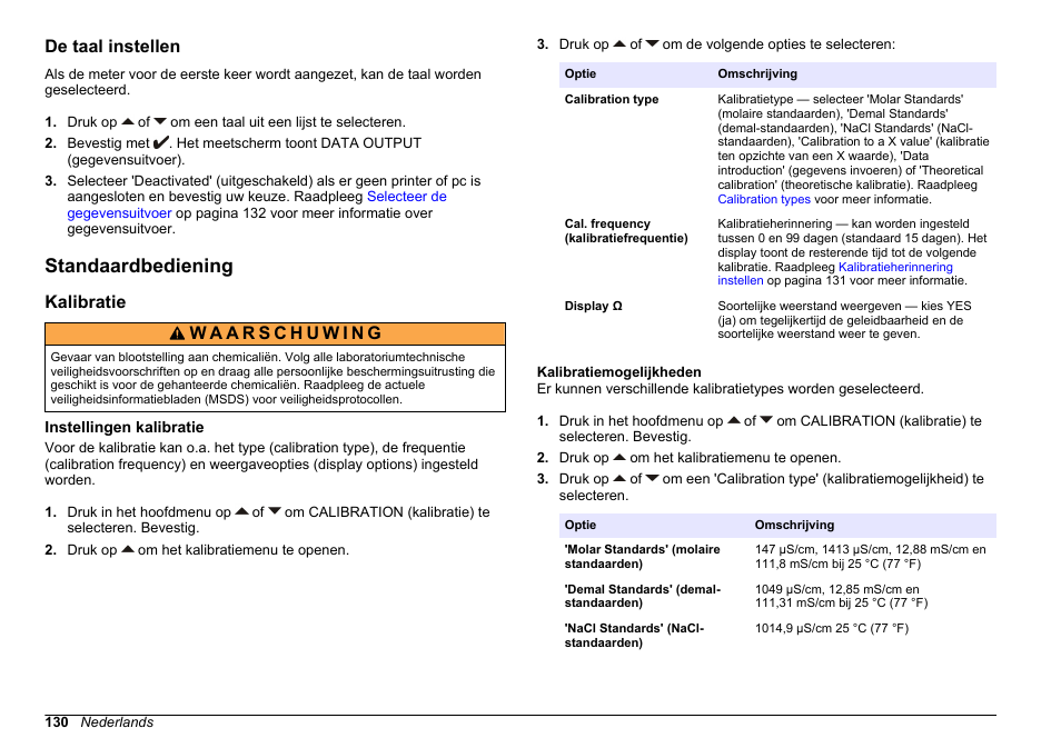 De taal instellen, Standaardbediening, Kalibratie | Instellingen kalibratie, Kalibratiemogelijkheden | Hach-Lange SENSION+ EC71 User Manual | Page 130 / 362