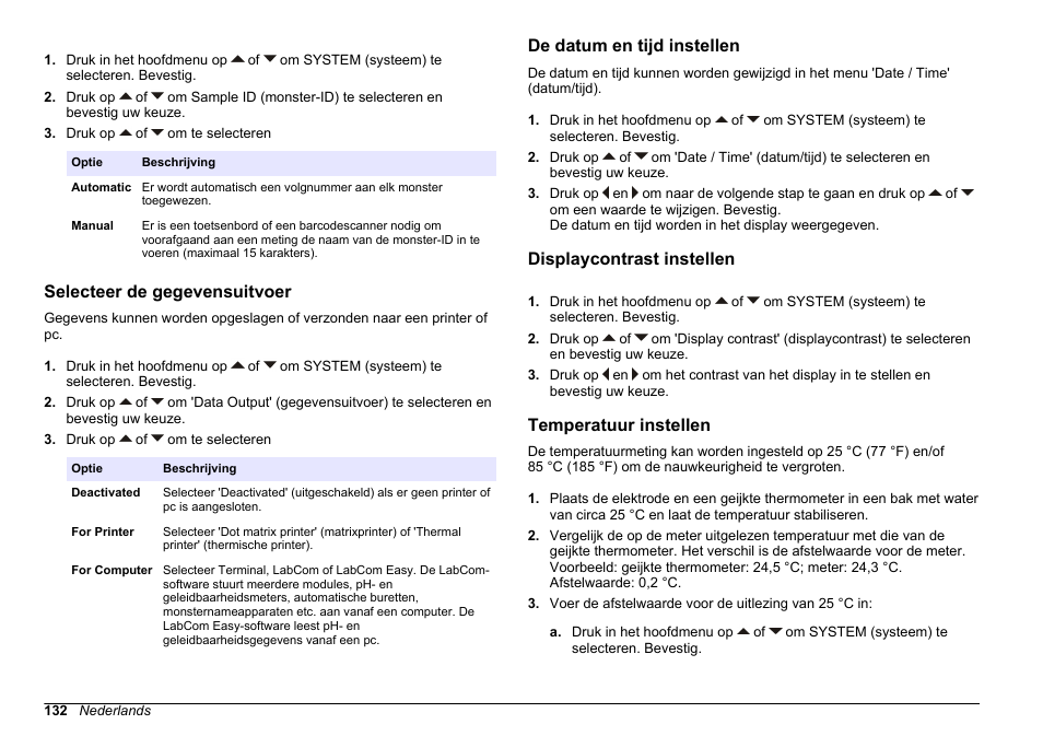 Selecteer de gegevensuitvoer, De datum en tijd instellen, Displaycontrast instellen | Temperatuur instellen, Aangesloten en bevestig uw keuze. raadpleeg, Selecteer de, Gegevensuitvoer | Hach-Lange SENSION+ EC71 User Manual | Page 132 / 362