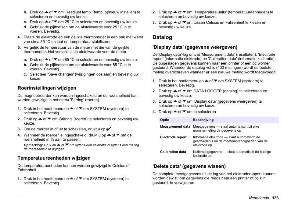 Roerinstellingen wijzigen, Temperatuureenheden wijzigen, Datalog | Display data' (gegevens weergeven), Delete data' (gegevens wissen) | Hach-Lange SENSION+ EC71 User Manual | Page 133 / 362