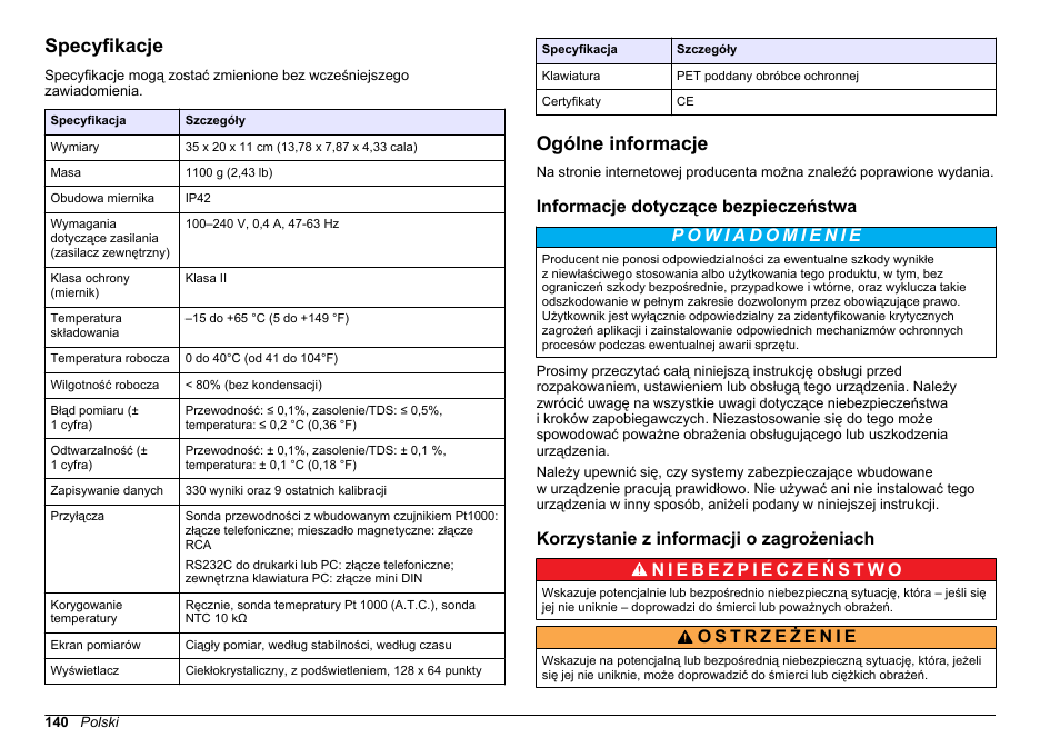 Instrukcja obsługi, Specyfikacje, Ogólne informacje | Informacje dotyczące bezpieczeństwa, Korzystanie z informacji o zagrożeniach, Polski | Hach-Lange SENSION+ EC71 User Manual | Page 140 / 362